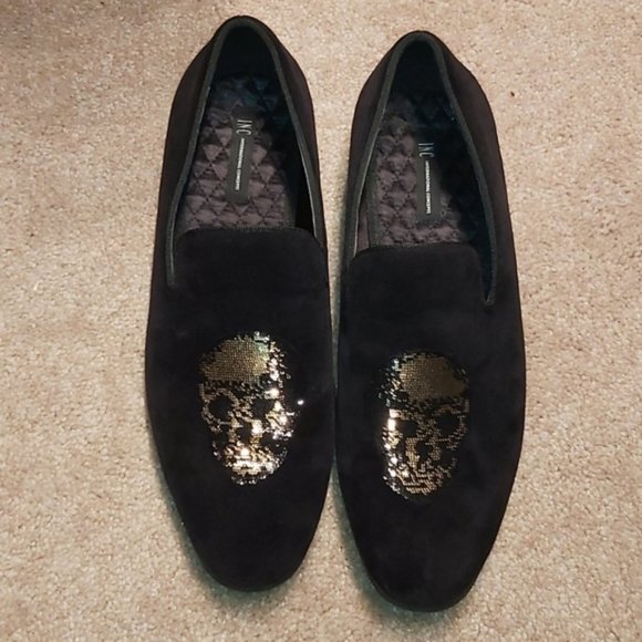 black velvet slip on dress shoes with sequin skull main image 5